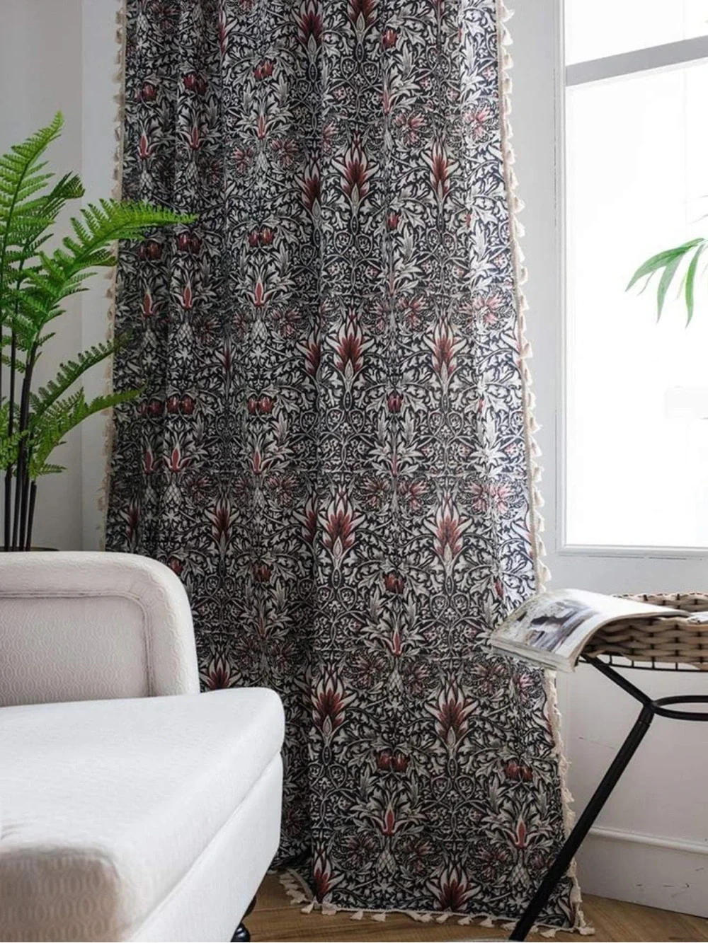 Amazon Navy Floral Throw Blanket with Red Accents and Cream Tassels